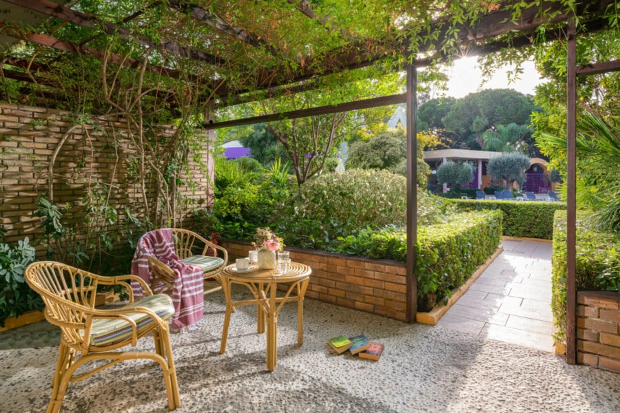 One of the pleasant furnished terraces of the Rhodes accommodation offered by Dionysos Hotel