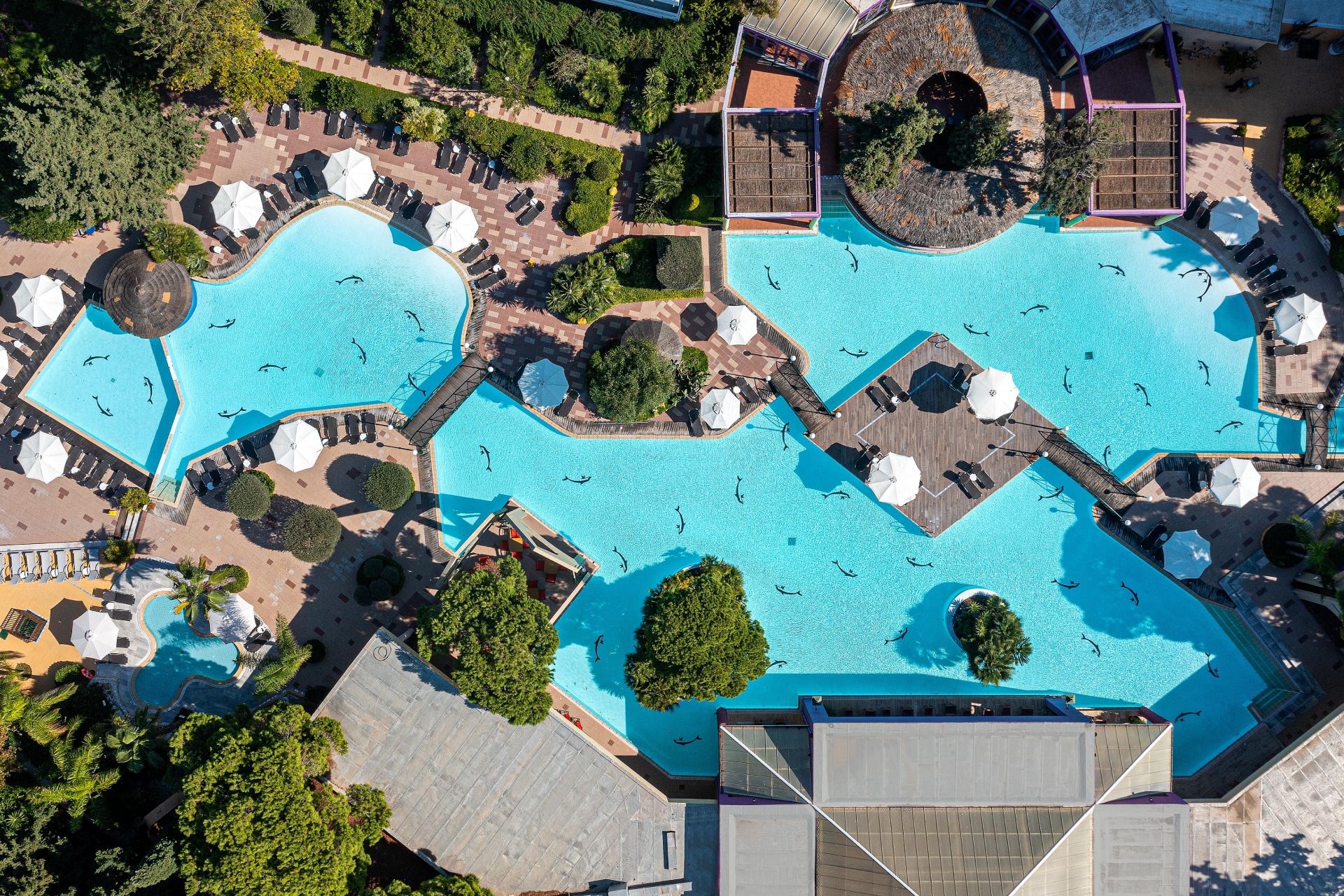Aerial view of the aqua lagoon at Dionysos Hotel, a Rhodes 4 star hotel with pool